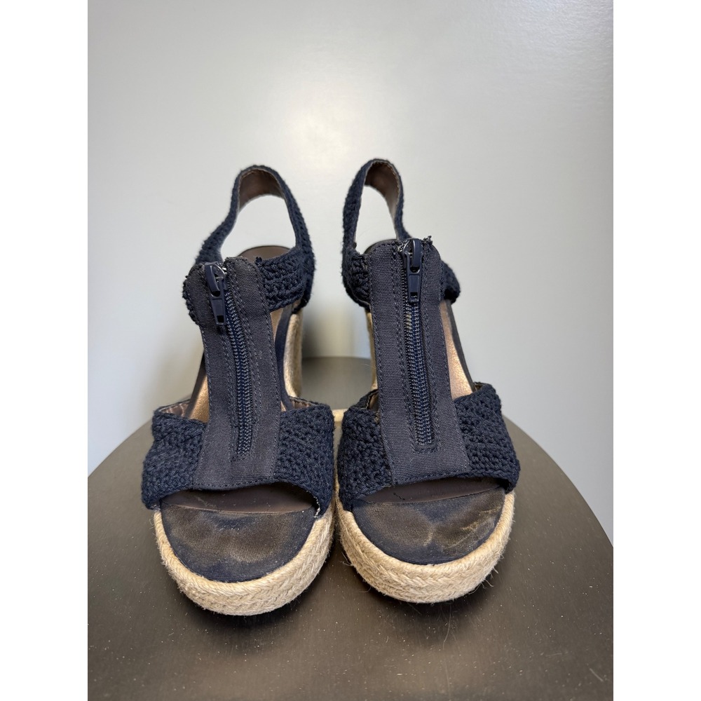 Moda Spana Navy Blue Crochet Espadrille Wedge Sandals T-Strap Zip‎ 6.5M